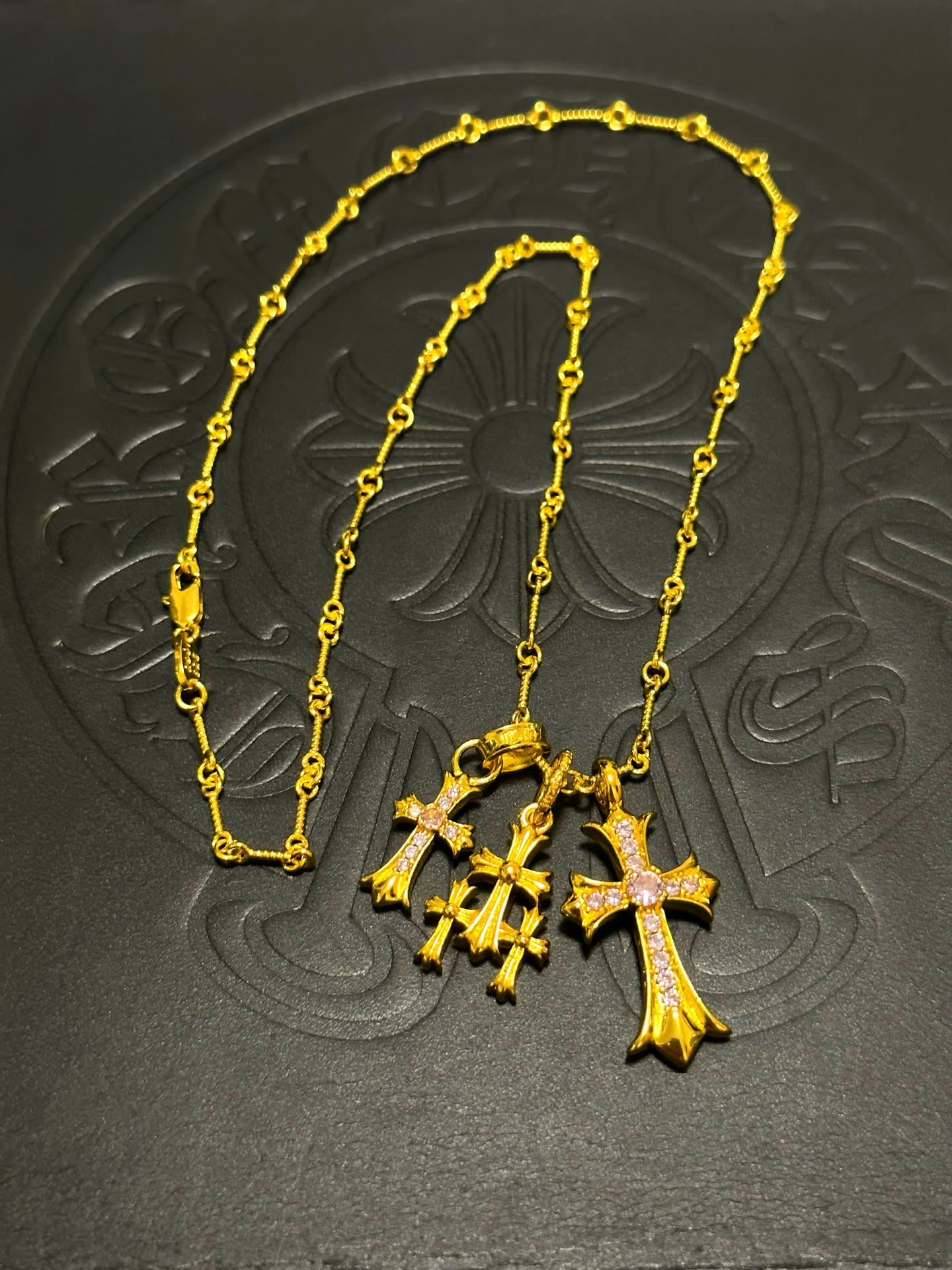 Chrome Hearts Gold Cross Pendant Necklace with Pink Stones